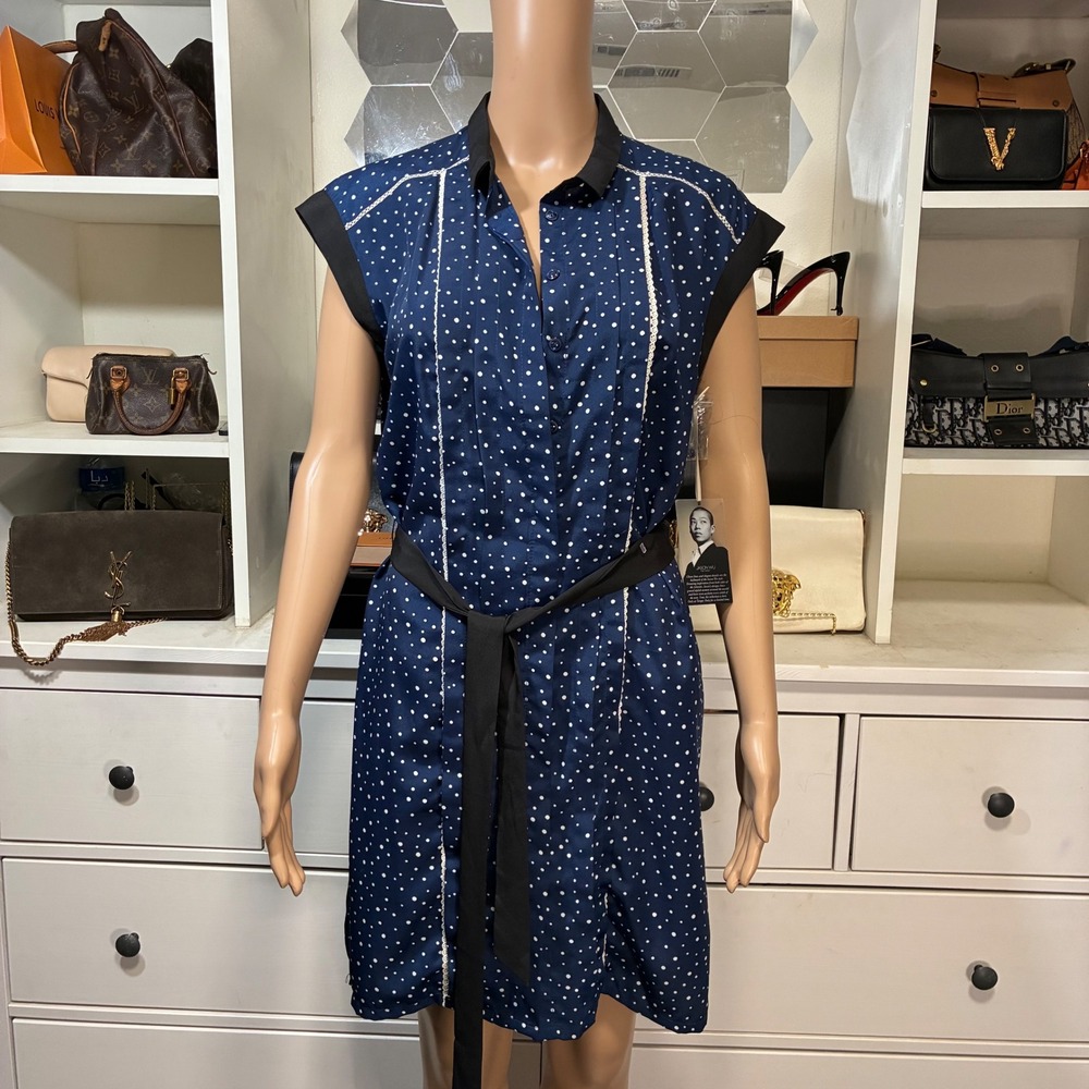 Jason Wu For Target Navy‎ White Polka Dot Shirt Dress Belted Midi Size M